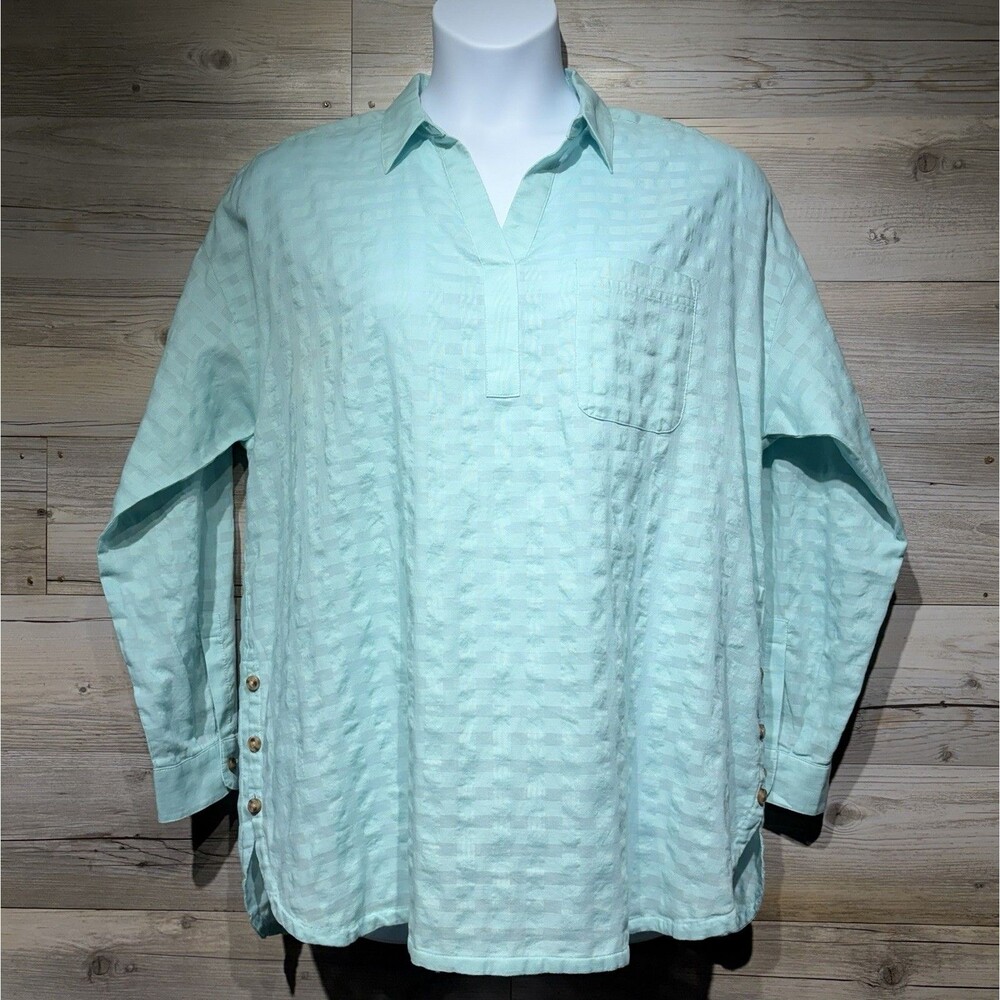 J Jill Popover Tunic Top Large Roll Tab Sleeves Aqua Blue 100% Cotton Relaxed